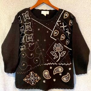 Vintage Margules Sweater Embellished Faux Pearl & Gold Beads Black Size M